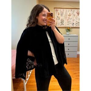 V. De. Vinster Black Open-Front Velvet Women's Sweater Cape Pure Cotton XL